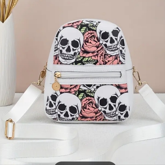 Mini Skull and Flower Print Lightweight Crossbody Bag Gothic Pink - Picture 8 of 9